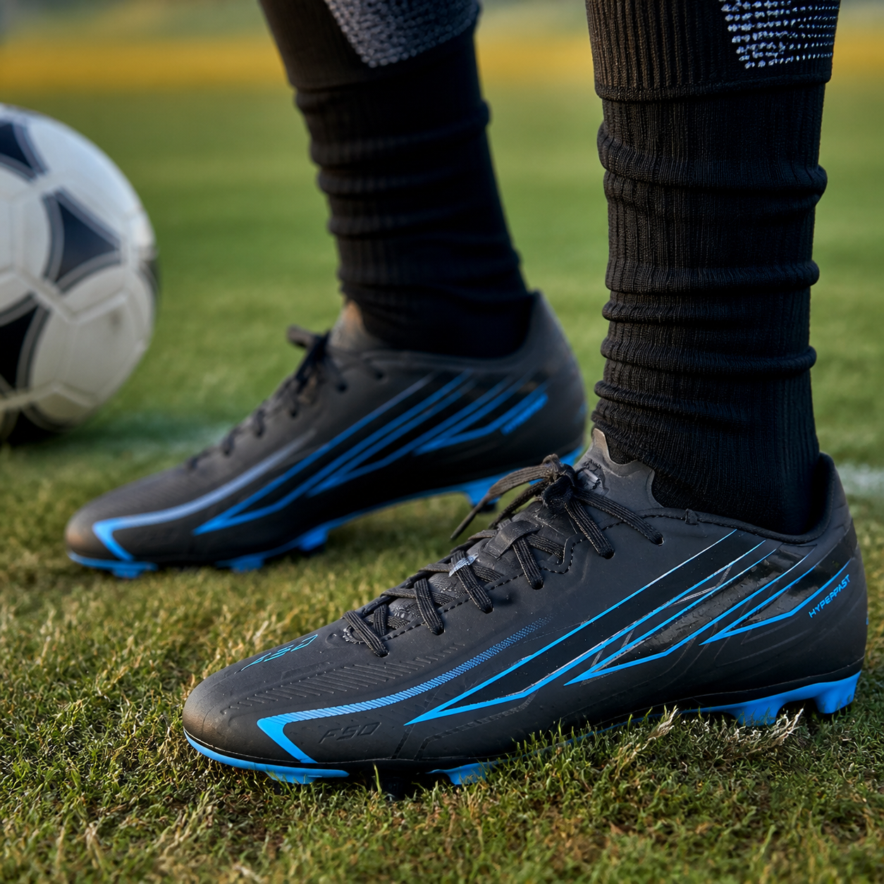 נעלי כדורגל adidas F50 HYPERFAST CLUB FG/MG שחור/כחול על הרגל