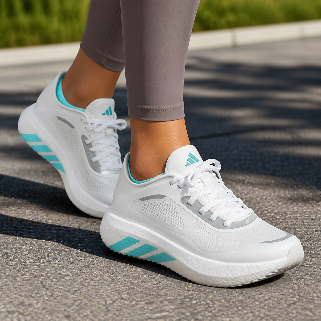 נעלי ריצה לנשים adidas HYPERBOOST RUN W לבן/טורקיז על הרגל