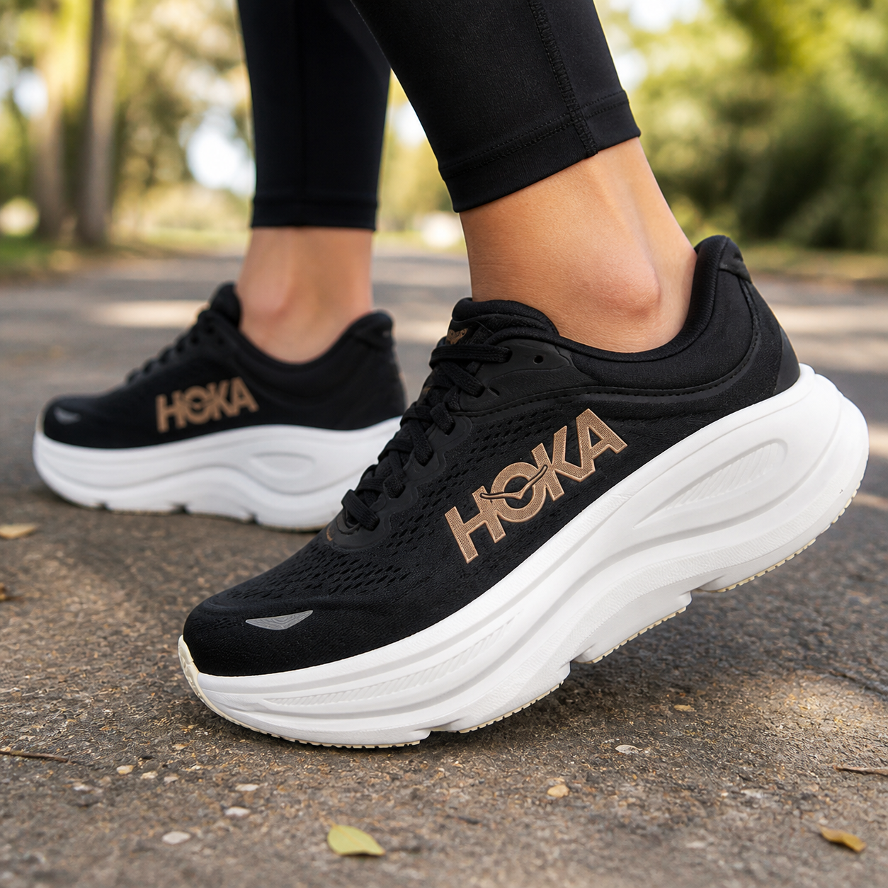 נעלי ריצה לנשים HOKA BONDI 9 שחור/זהב ורוד על הרגל