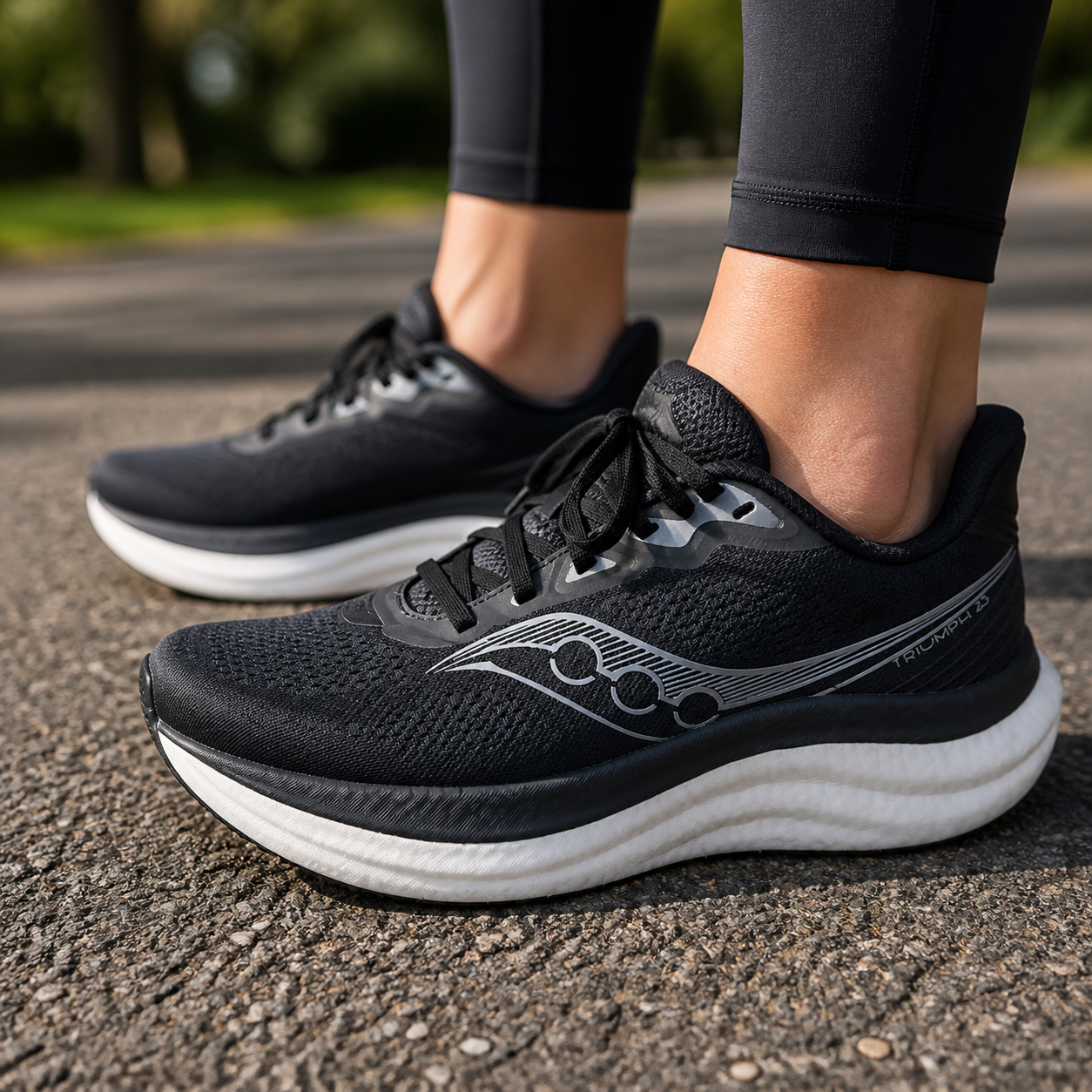 נעלי ריצה לנשים Saucony TRIUMPH 23 WIDE שחור/לבן על הרגל